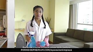 OPERACION LIMPIEZA - Latina Colombian maid beaver trample bigwig in lesbian fuck
